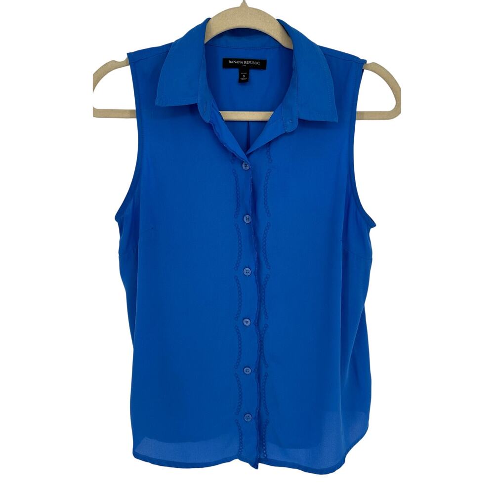 Banana Republic Blouse Women‎ PS Blue Sleeveless Button Down Embroidered Top EUC